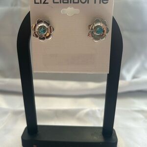 Liz Claiborne Elegant Silver and Blue Stone Floral Earrings